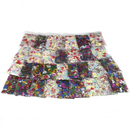 Multi-paljettmix, sorterade färger, storlek 7–30 mm, 25 g/32 st.